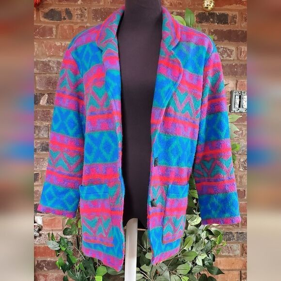80s colorful aztec print fleece jacket - Picture 3 of 10